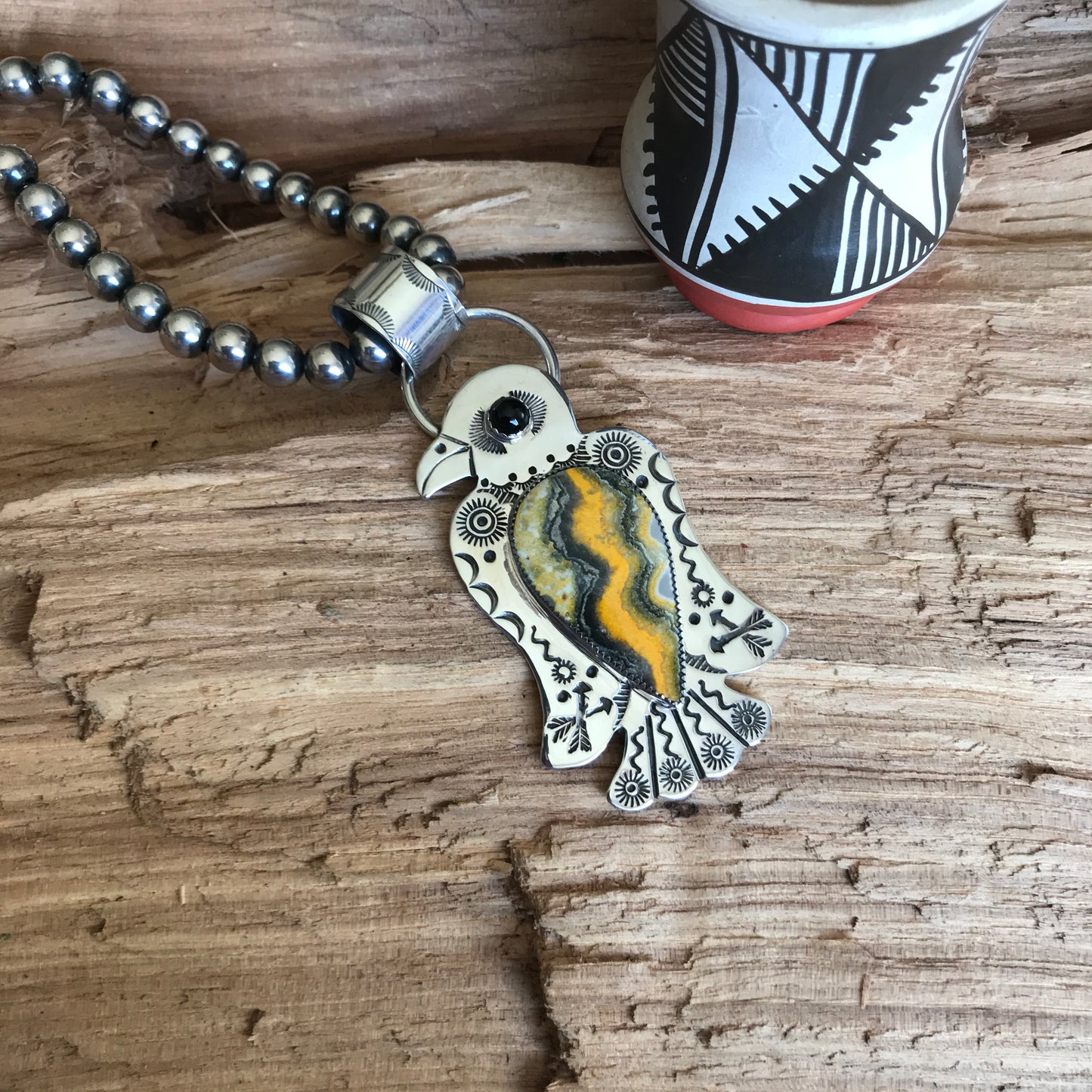 Thunderbird pendant Bumblebee Jasper~ Sterling Silver~ large pendant~ Artisan Handmade ~ 1144