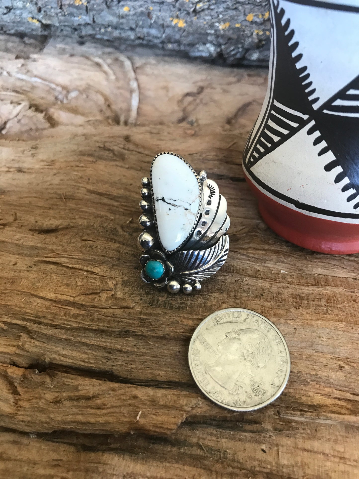 White Buffalo Ring with a Carico Lake Turquoise Wildflower~ Sterling Silver~ Size 8