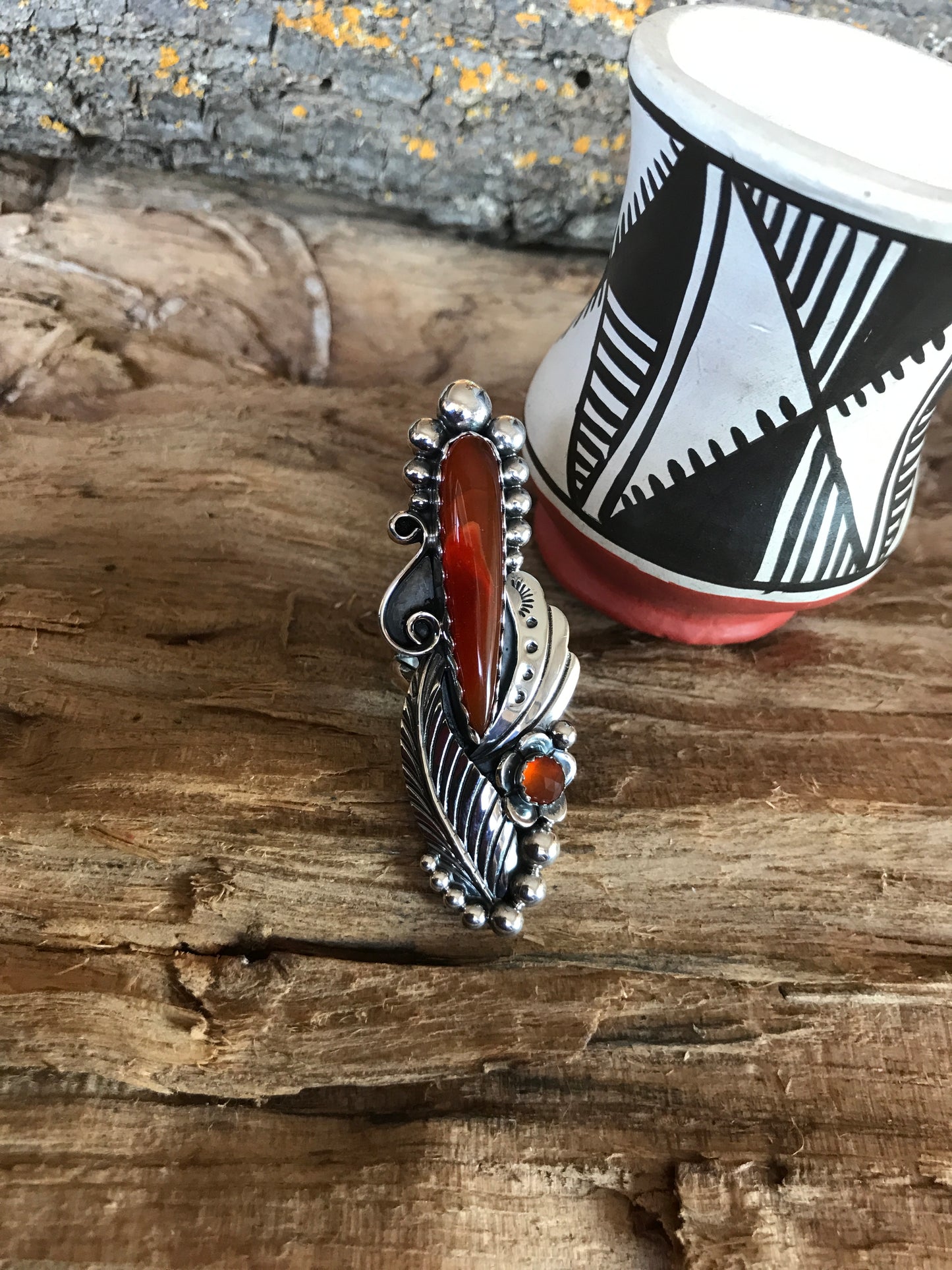 Rosarita Statement Ring with a Carnelian Wildflower~ Sterling Silver~ Artisan Handmade~ Size 6