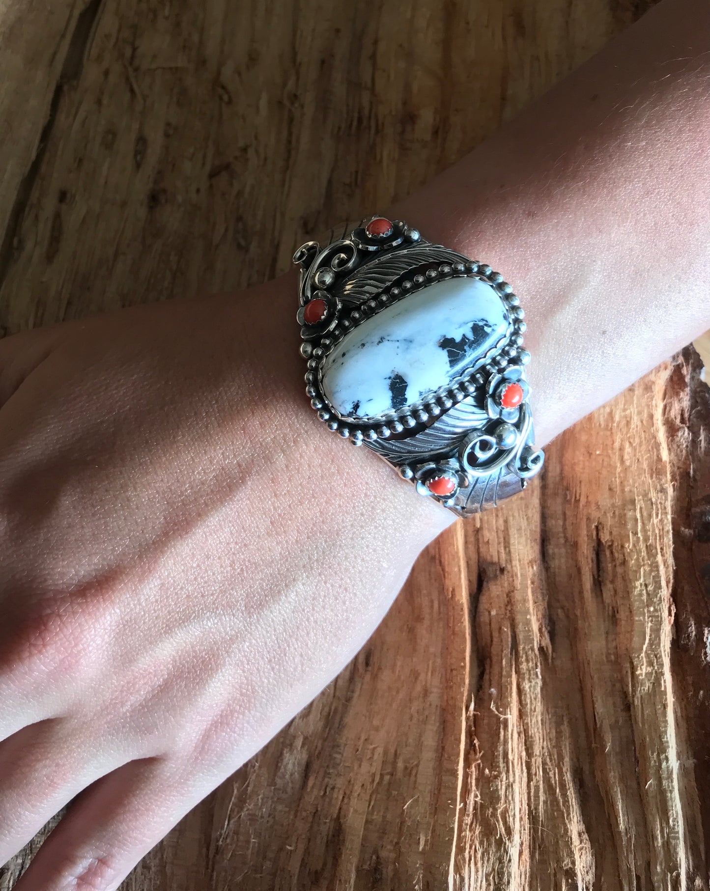 White Buffalo Cuff Bracelet with Red Coral Wildflowers~ Sterling Silver~ Artisan Handmade~RTS020