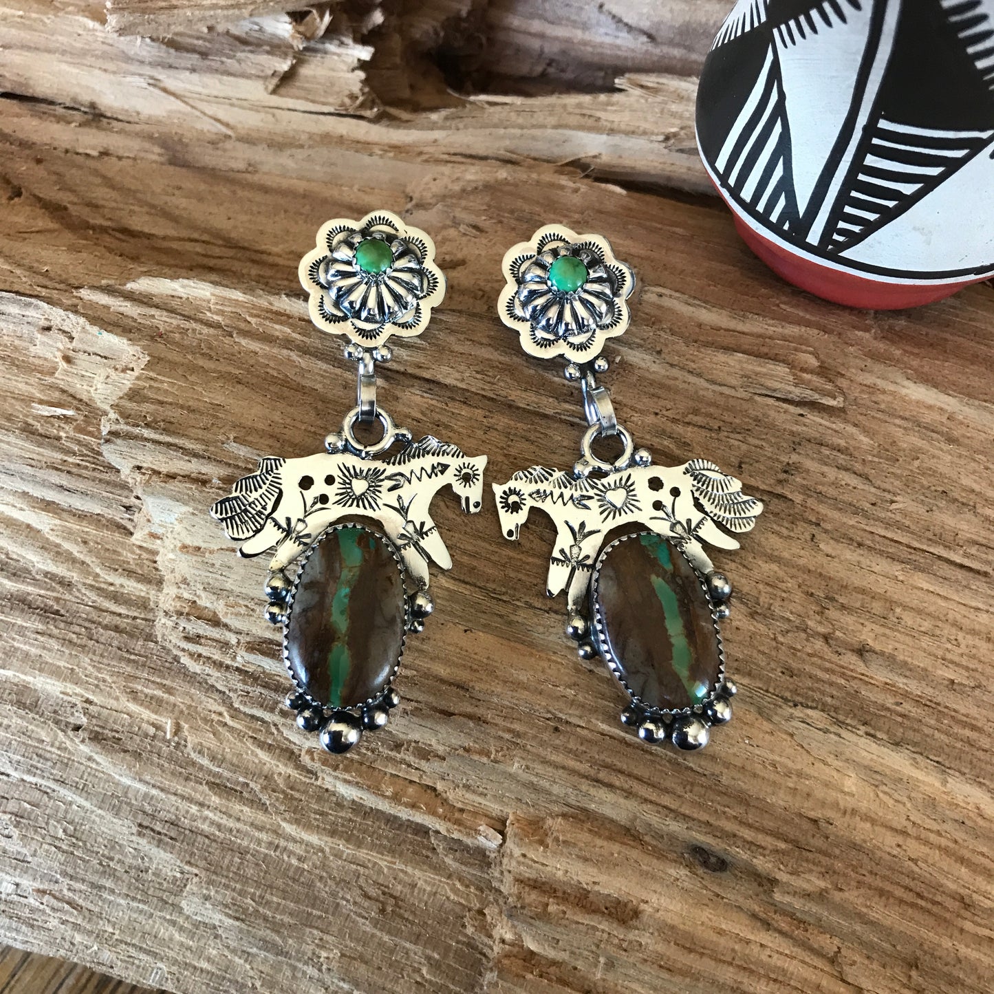 SPIRIT PONY Earrings with Royston Ribbon Turquoise~ Sterling Silver~ Artisan Handmade