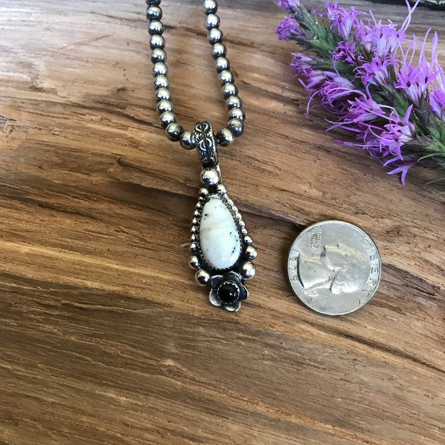 White Buffalo Turquoise pendant with a Black Onyx Wildflower~ Sterling Silver~ Artisan Handmade