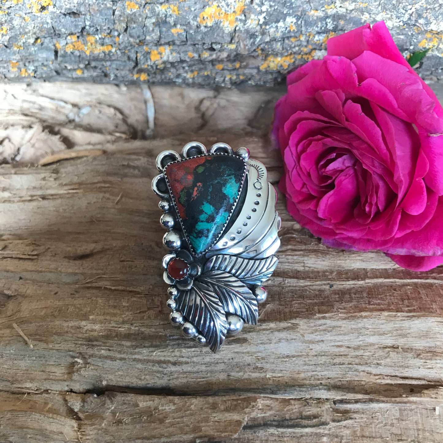 Sonoran Sunset Statement Ring with a Carnelian Wildflower~ Sterling Silver~ Artisan Handmade~ Size 10