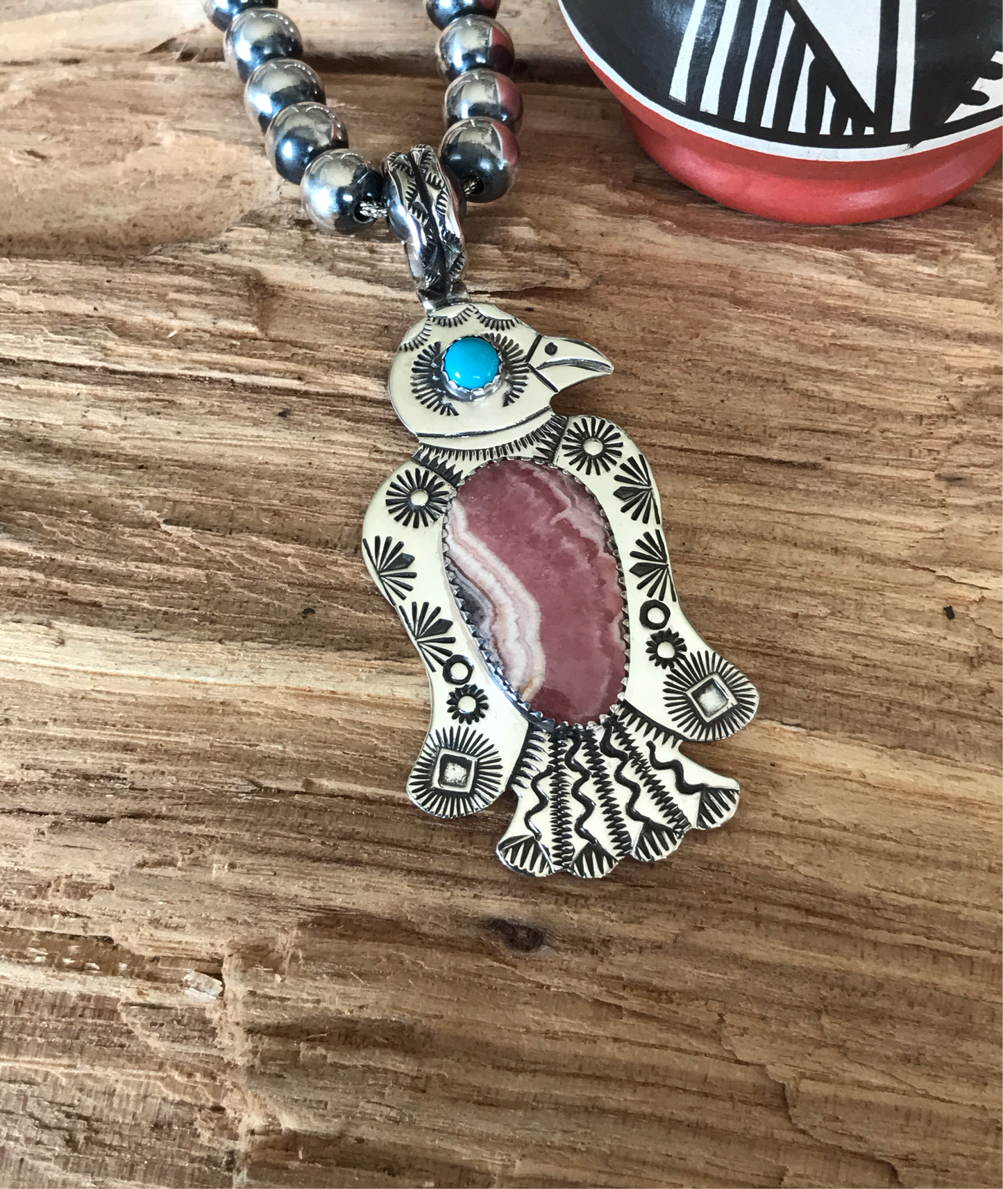 Rhodochrosite Thunderbird pendant~ Sterling Silver~ Medium pendant~ Artisan Handmade ~ 1078