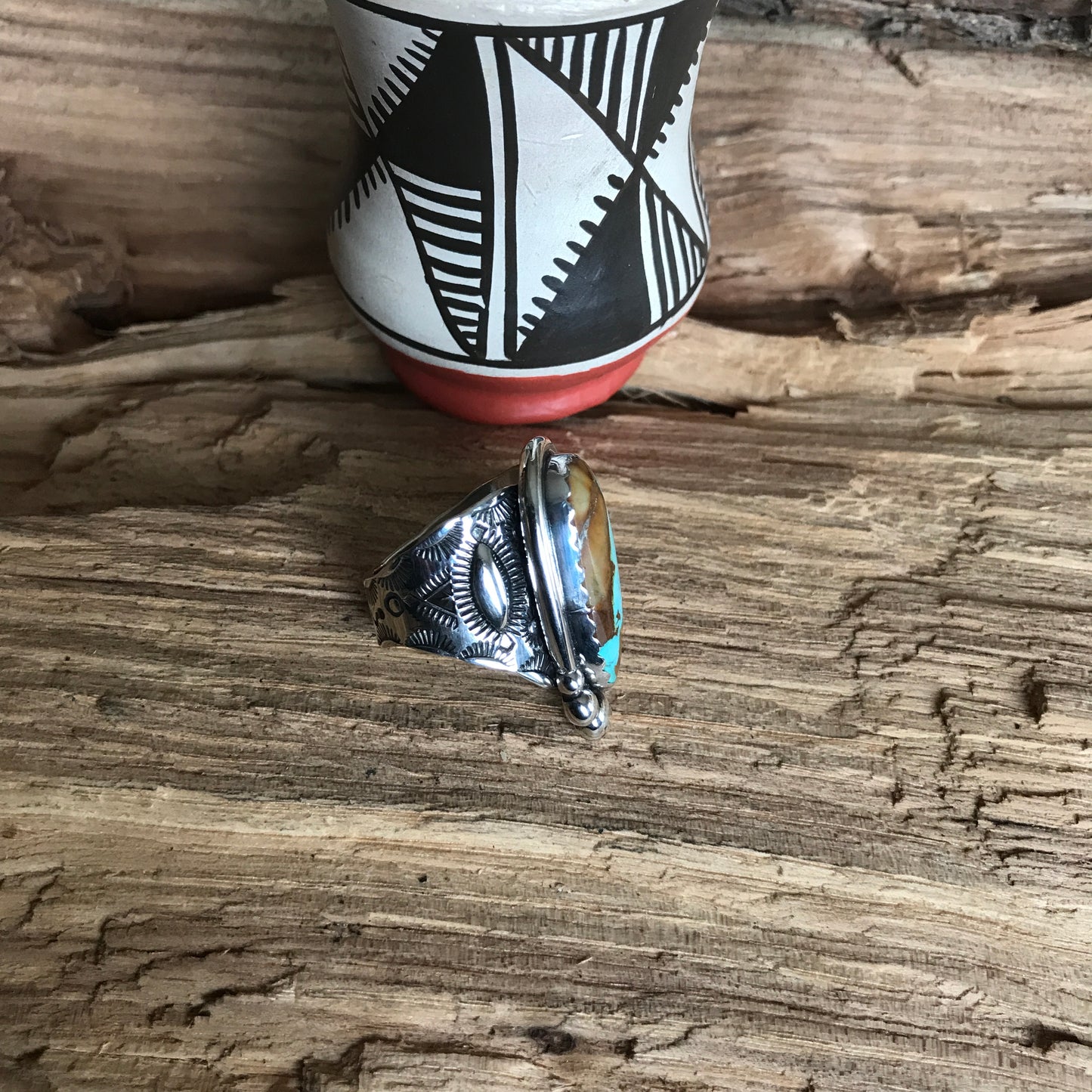 Royston Ribbon Turquoise Ring~ Sterling Silver~ Offset Shank~ Artisan Handmade~ Size 8 1/2