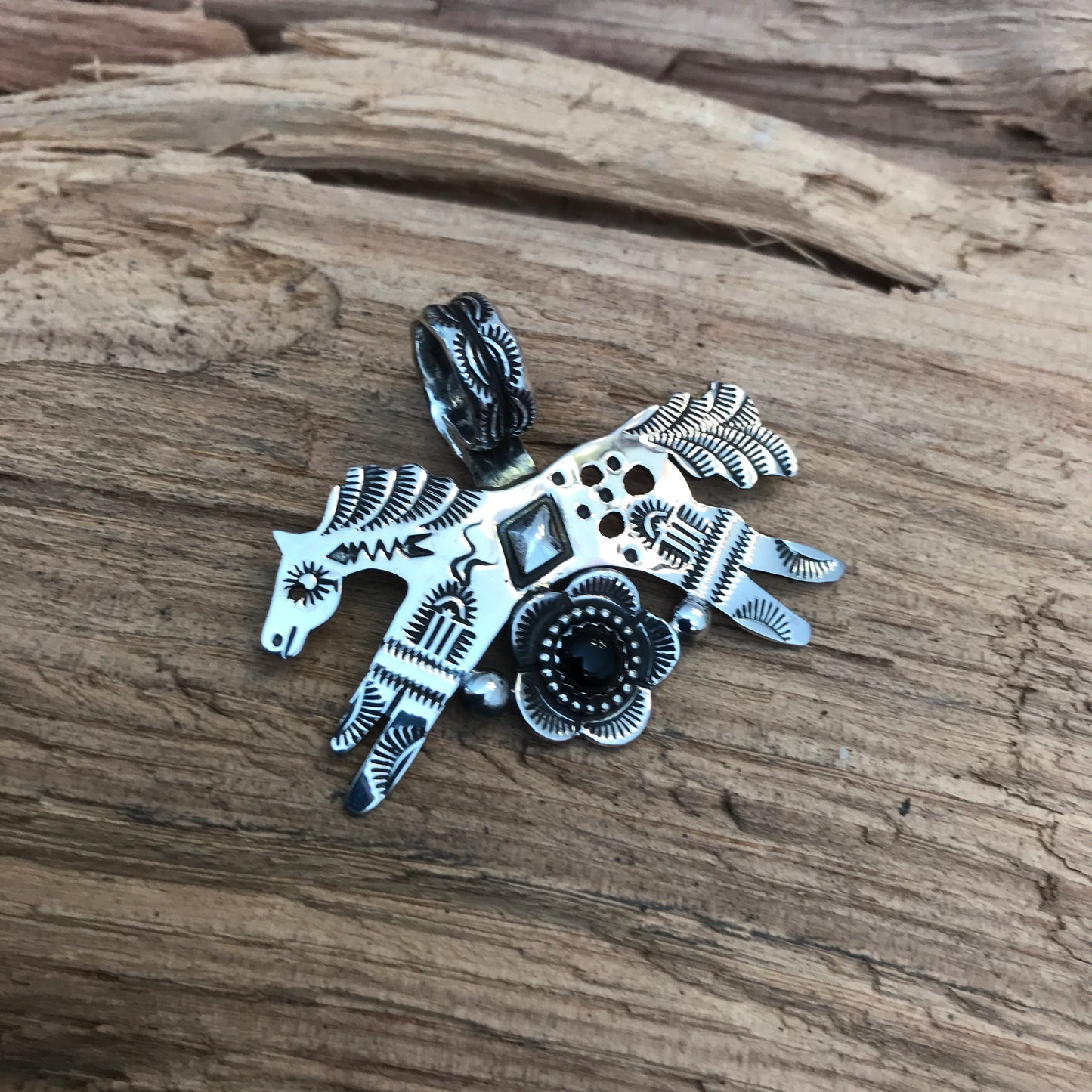 SPIRIT PONY Black Onyx Taos Flora Pendant~ Sterling Silver~ Artisan Handmade ~ 1209