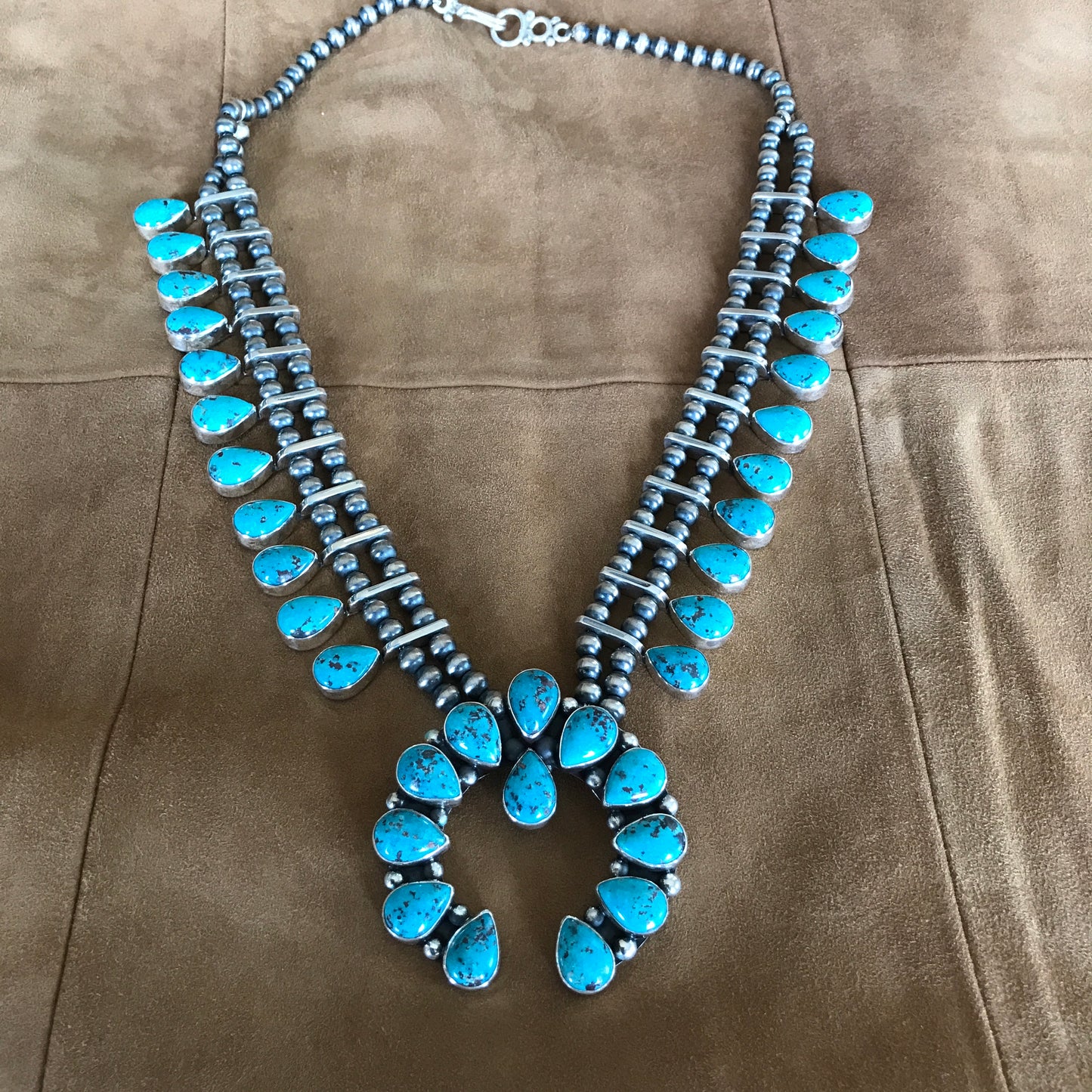 Kingman Turquoise Contemporary Squash Blossom Necklace with Navajo Pearl beads~ Sterling Silver~ Artisan Handmade ~ 1208