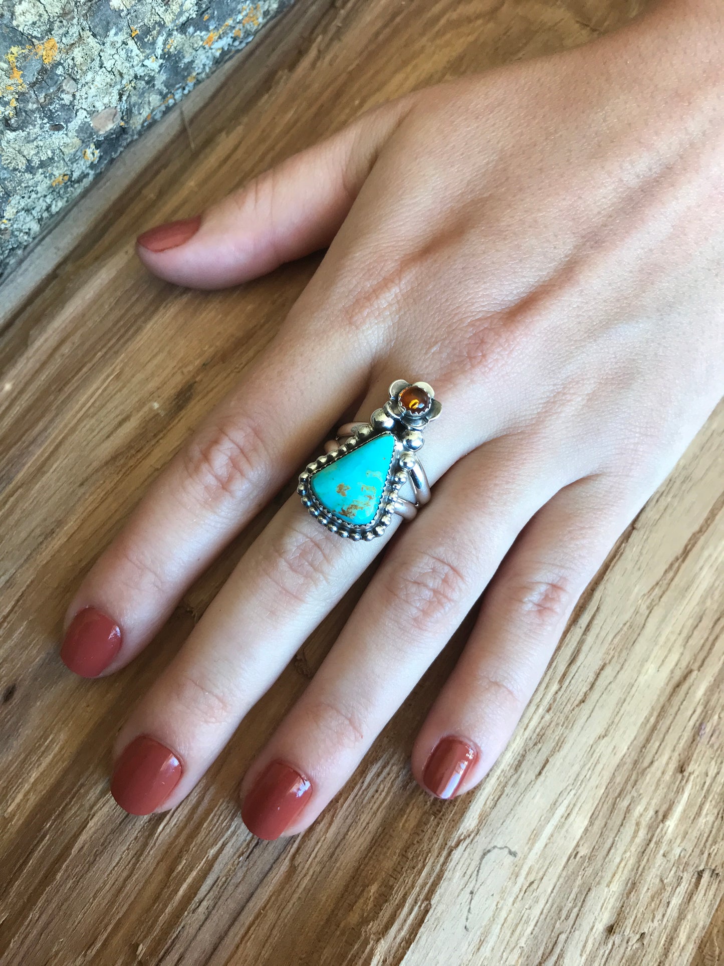 Kings Manassa Turquoise Ring with an Amber Wildflower~ Sterling Silver~ Artisan Handmade~ Size 7 3/4