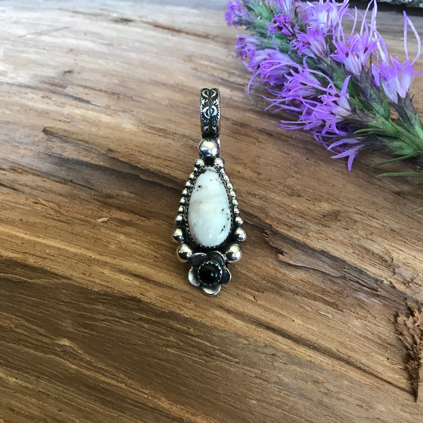 White Buffalo Turquoise pendant with a Black Onyx Wildflower~ Sterling Silver~ Artisan Handmade