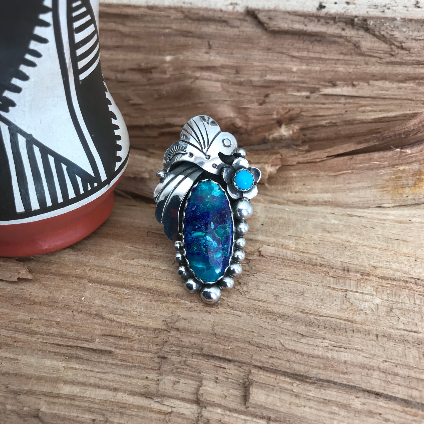 Bluebird Azurite with a Sleeping Beauty Wildflower Ring~Sterling Silver~ Artisan Handmade~ Size 6
