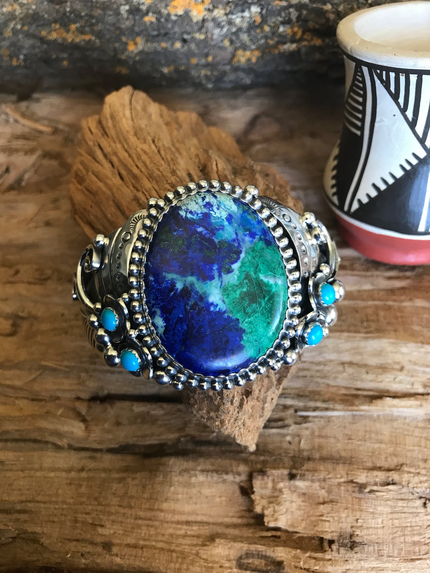 Bluebird Azurite cuff Bracelet with Sleeping Beauty Wildflowers~ Sterling Silver~ Artisan Handmade