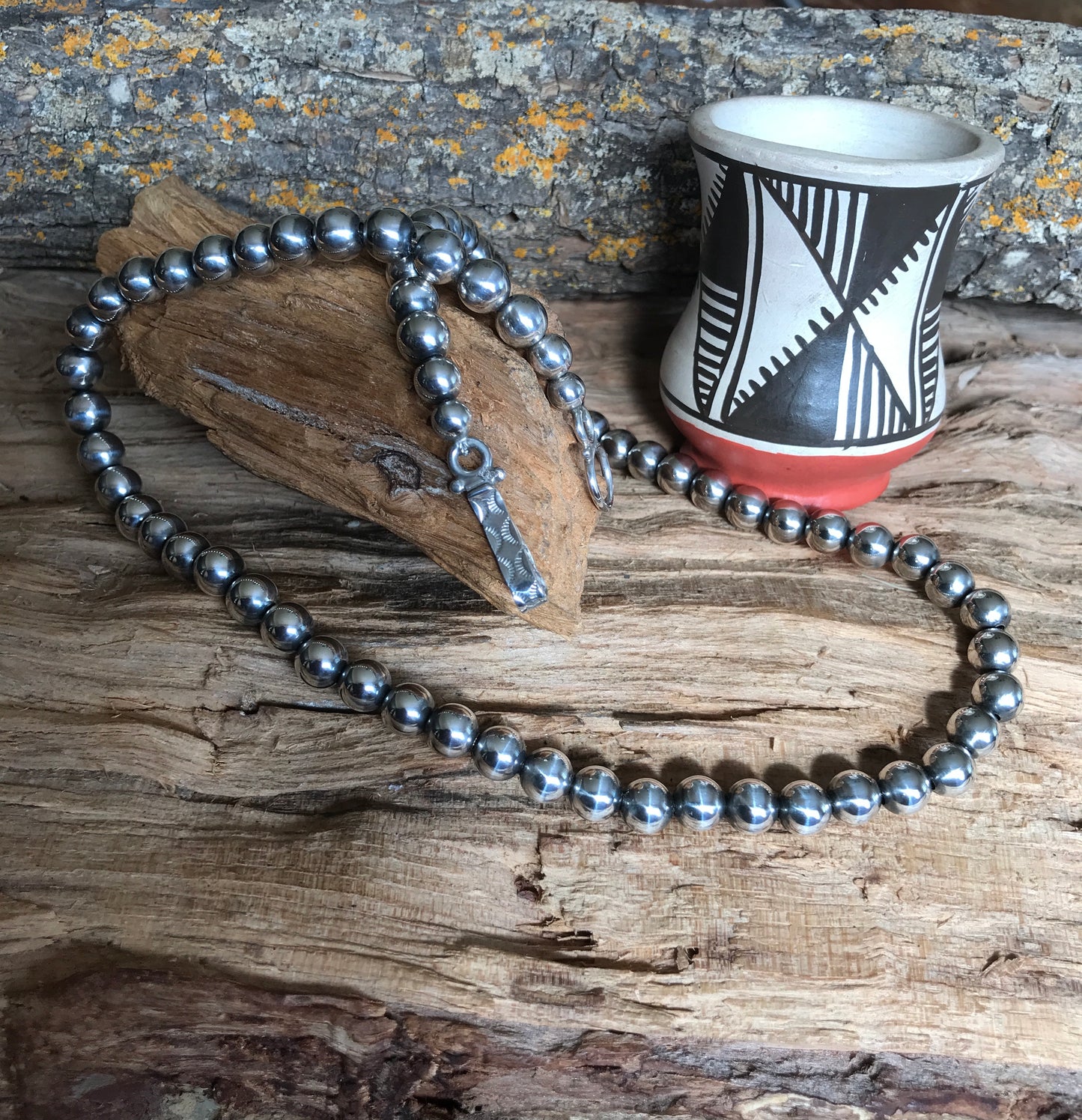 Navajo Pearls 18 1/2 inch~ Sterling Silver~ 7mm beads~ Soldered Handmade Catches~ Strung on Squashblossom heavy braided Foxtail~ 1007