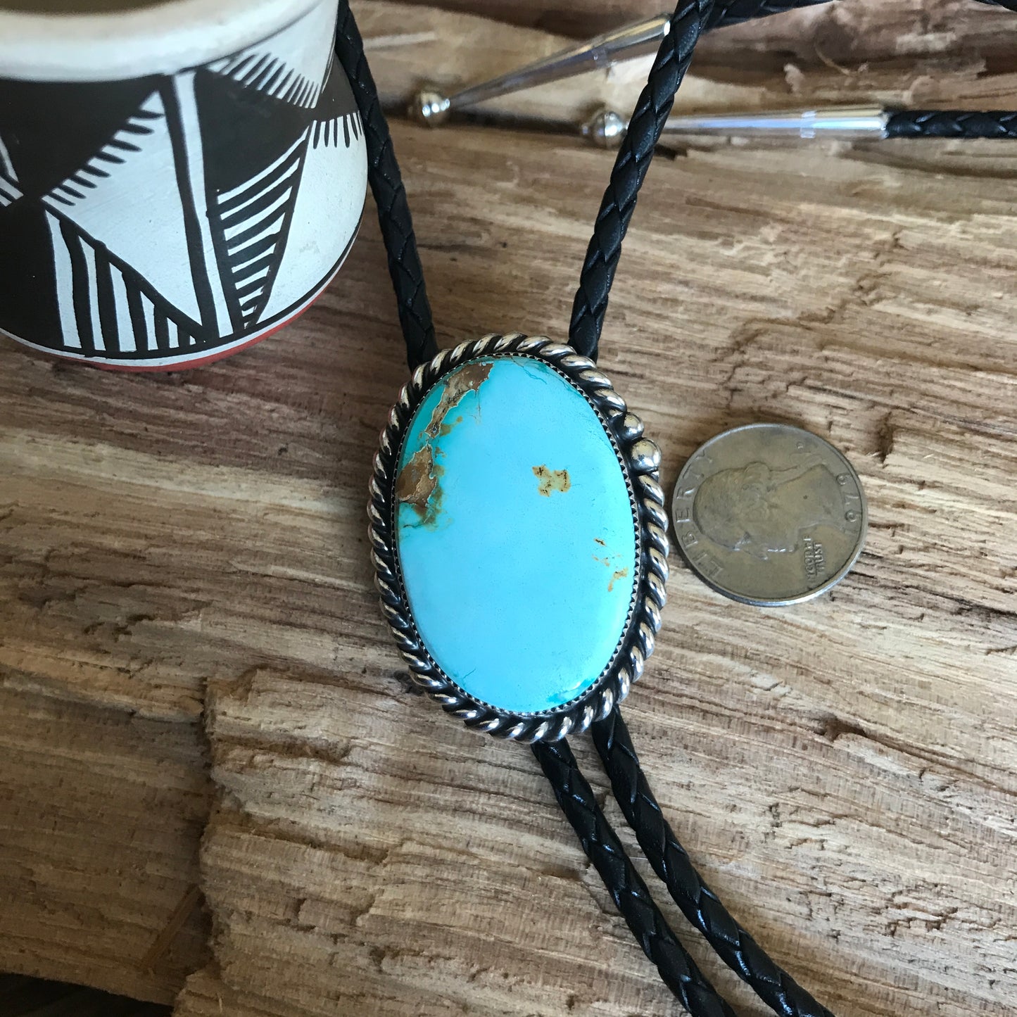 Pilot Mountain Turquoise Bolo Tie~ Sterling Silver~ real leather cord ~ 1100