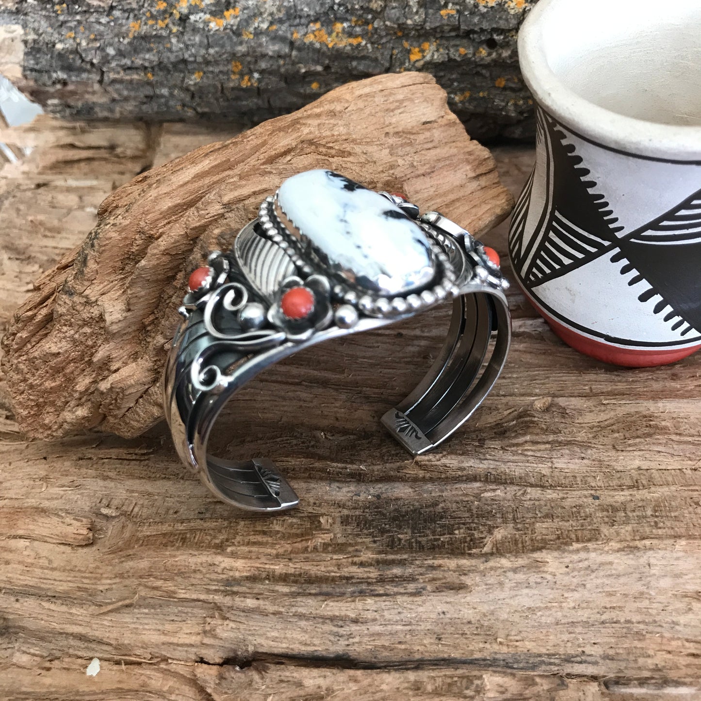 White Buffalo Cuff Bracelet with Red Coral Wildflowers~ Sterling Silver~ Artisan Handmade~RTS020