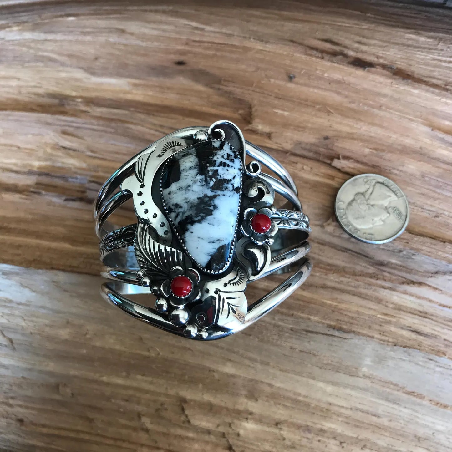 White Buffalo Turquoise Bracelet with Rosarita wildflowers~ Sterling Silver Cuff Bracelet Southwestern Style~ Artisan Handmade (5125)