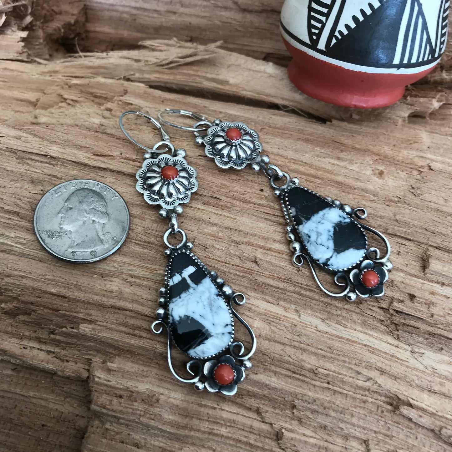 White Buffalo and Red Coral Earrings~ Artisan Handmade~ Sterling Silver~ dangle earrings~ Southwestern Style (5199)