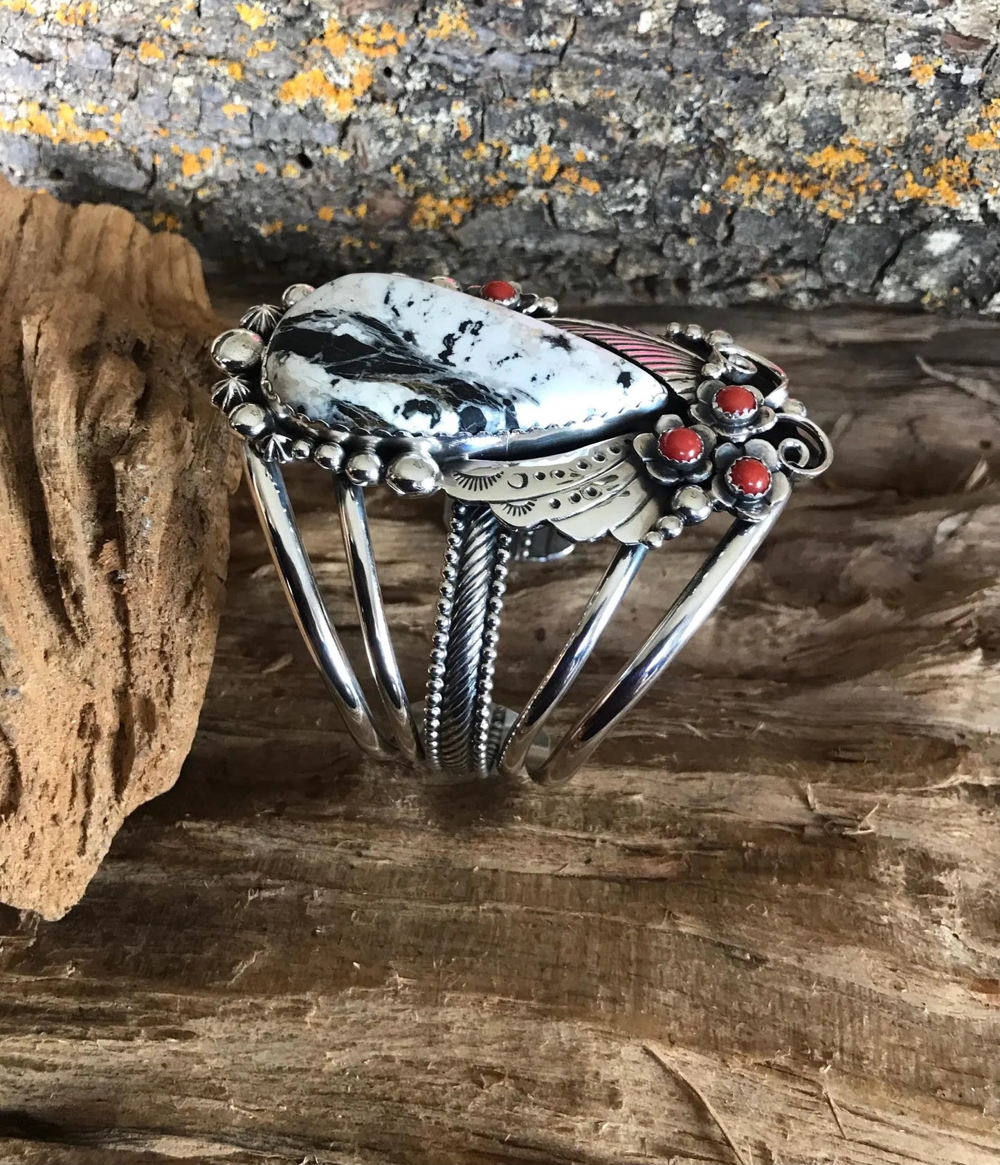 White Buffalo Turquoise Sterling Silver Cuff Bracelet: Red Coral Wildflowers, Large Wrist (5113)