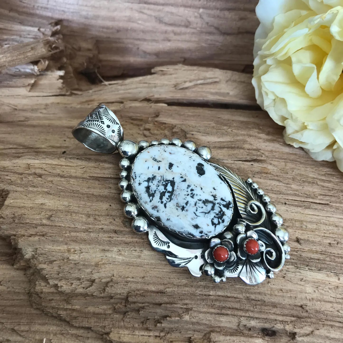 White Buffalo Pendant with Red Coral Wildflowers~ Artisan Handmade~ Sterling Silver~ Southwestern Jewelry (5159)