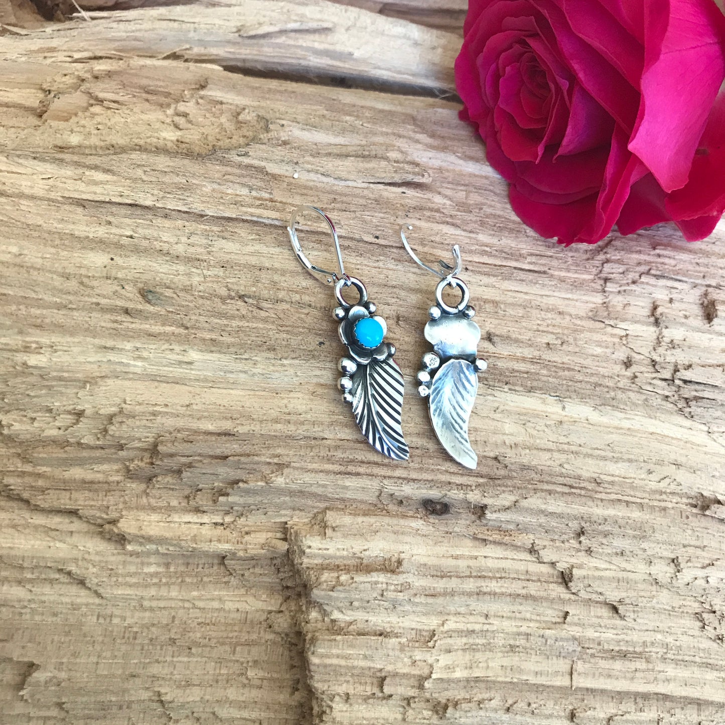 Sleeping Beauty leaf earrings~ Sterling Silver~ dangle Earrings~ Artisan Handmade