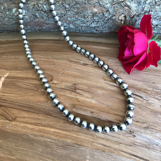 Navajo Pearls 21 inch~ Sterling Silver~ 8 mm beads~ Soldered Handmade Catches~ Strung on Squashblossom heavy braided Foxtail