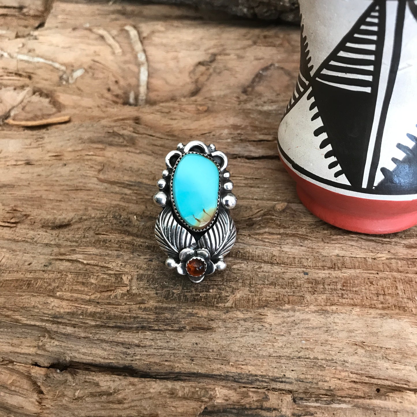 Kings Manassa Turquoise Ring with an Amber Wildflower~ Sterling Silver~ Artisan Handmade~ Size 7