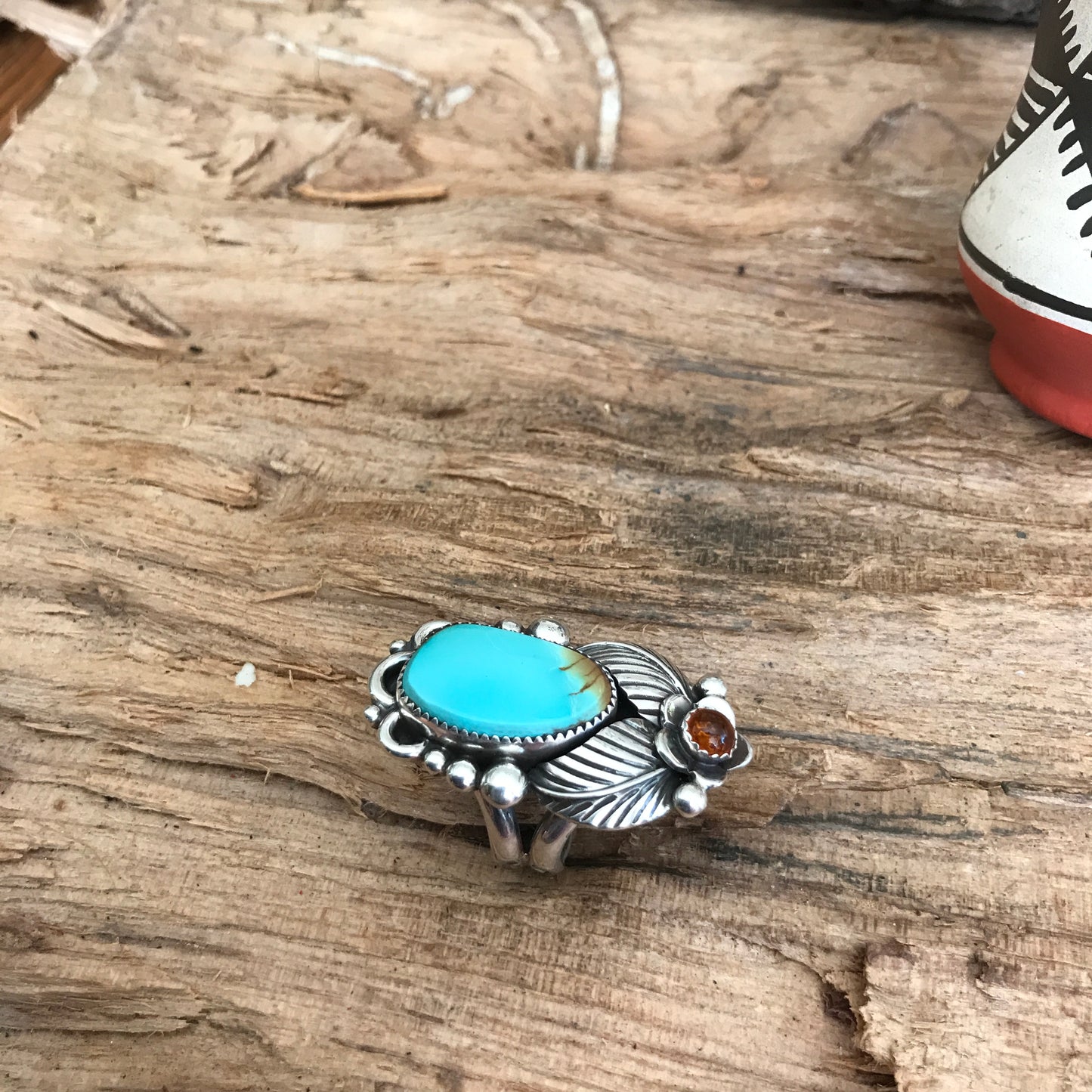 Kings Manassa Turquoise Ring with an Amber Wildflower~ Sterling Silver~ Artisan Handmade~ Size 7