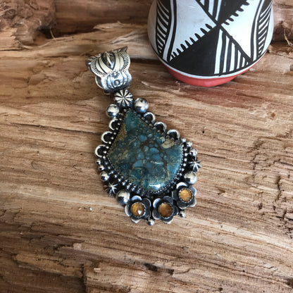 7 Dwarfs Turquoise Pendant with Citrine Wildflowers ~ Sterling Silver~ Artisan Handmade