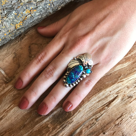 Bluebird Azurite with a Sleeping Beauty Wildflower Ring~Sterling Silver~ Artisan Handmade~ Size 6