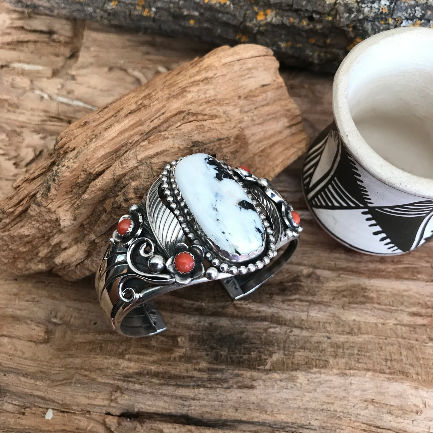 White Buffalo Cuff Bracelet with Red Coral Wildflowers~ Sterling Silver~ Artisan Handmade