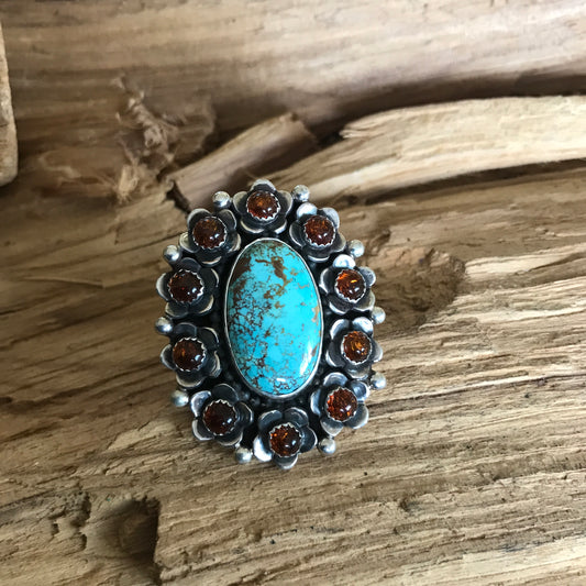 FLORA de SANTA FE ~ROYSTON Turquoise ring with Amber Wildflowers ~ Sterling Silver~size 9 ~ 1202