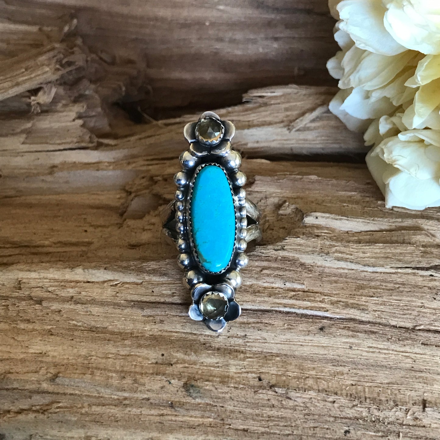 Kings Manassa Turquoise Ring with Citrine Wildflowers~ Sterling Silver~ Artisan Handmade~ Size 7 3/4