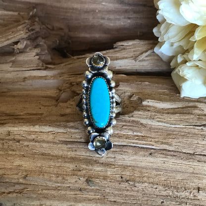 Kings Manassa Turquoise Ring with Citrine Wildflowers~ Sterling Silver~ Artisan Handmade~ Size 7 3/4