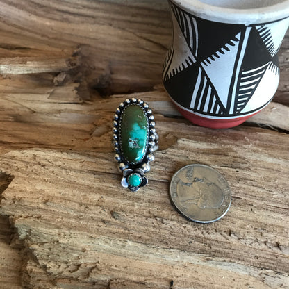 Polychrome Royston Turquoise Ring with a Turquoise Wildflower~ Sterling Silver~ Artisan Handmade~ Size 7