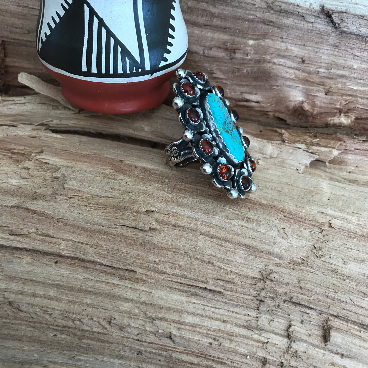 FLORA de SANTA FE Ring~Sterling Silver~ Kings Manassa Turquoise and Amber~ Artisan Handmade~ Size 6