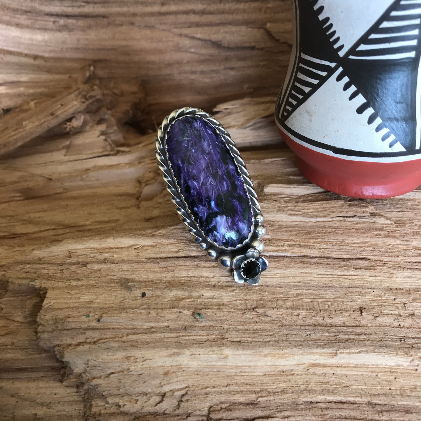 Charoite and Black Onyx Ring~Sterling Silver~ Artisan Handmade~ Size 8 1/2