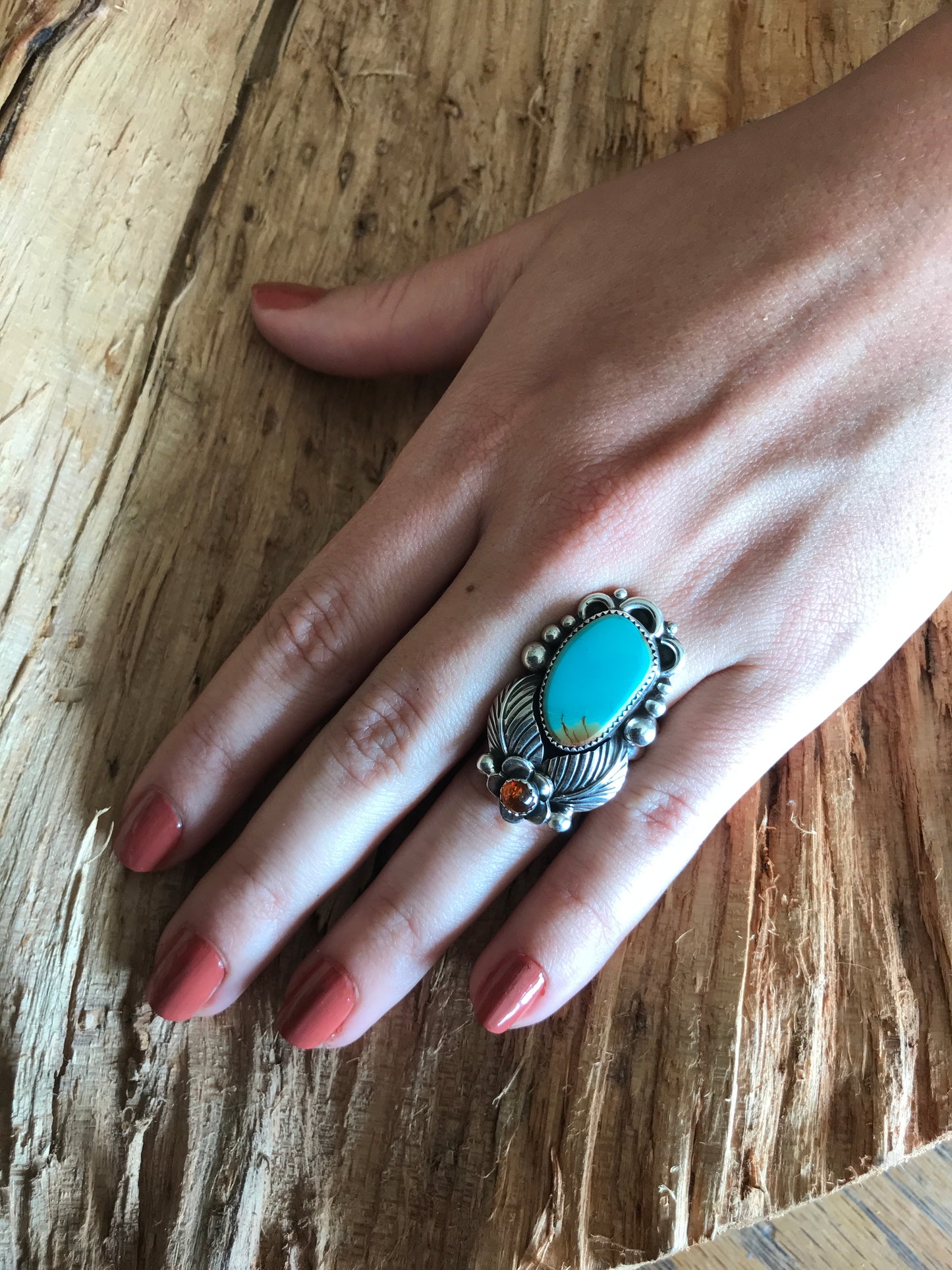 Kings Manassa Turquoise Ring with an Amber Wildflower~ Sterling Silver~ Artisan Handmade~ Size 7