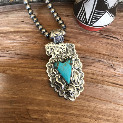 SPIRIT PONY Repousse pendant with #8 Turquoise~ Sterling Silver~ Large pendant~ Artisan Handmade