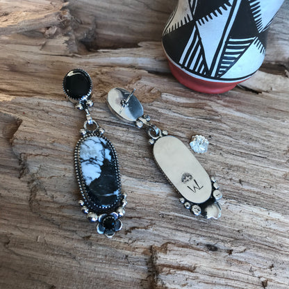 White Buffalo and Black Onyx Earrings~ Sterling Silver~ Artisan Handmade