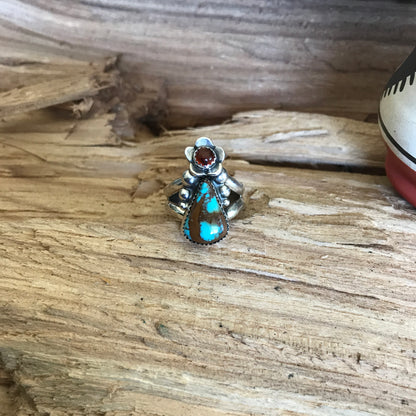 Kings Manassa Turquoise Ring with an Amber Wildflower~ Sterling Silver~ Artisan Handmade~ Size 8