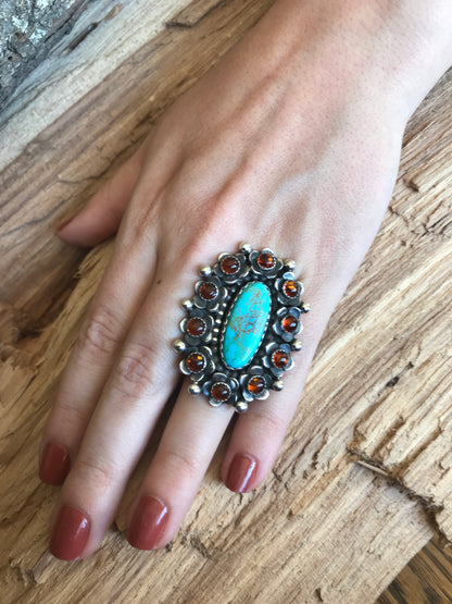 FLORA de SANTA FE Ring~Sterling Silver~ Kings Manassa Turquoise and Amber~ Artisan Handmade~ Size 6