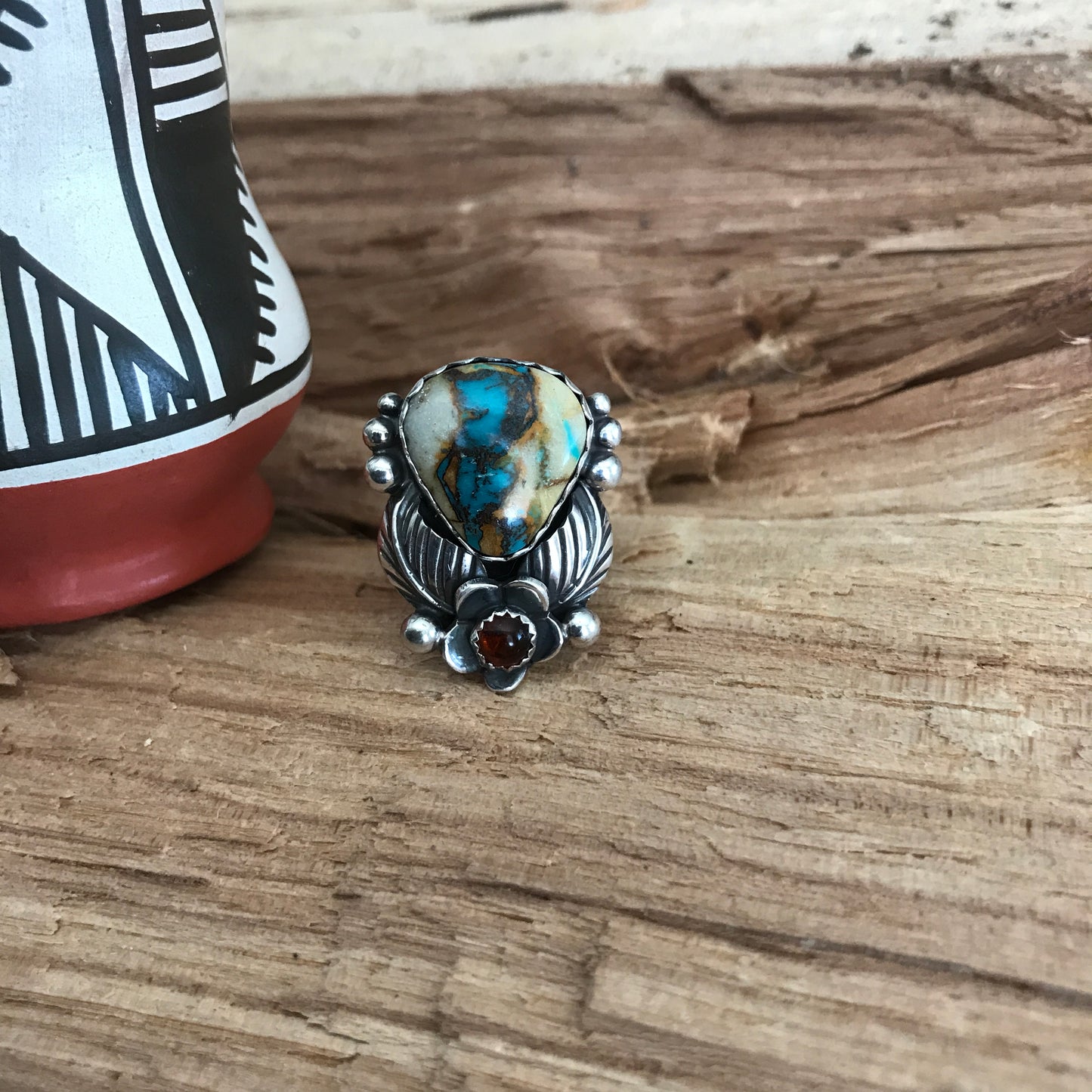 Royston Ribbon Turquoise Ring with an Amber Wildflower~ Sterling Silver~ Artisan Handmade~ Size 5 1/2