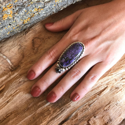 Charoite and Black Onyx Ring~Sterling Silver~ Artisan Handmade~ Size 8 1/2