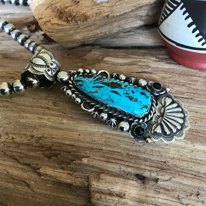 Apache Blue Turquoise large pendant~ Sterling Silver~ Artisan Handmade