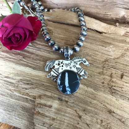 SPIRIT PONY pendant with White Buffalo~ Sterling Silver~ Artisan Handmade