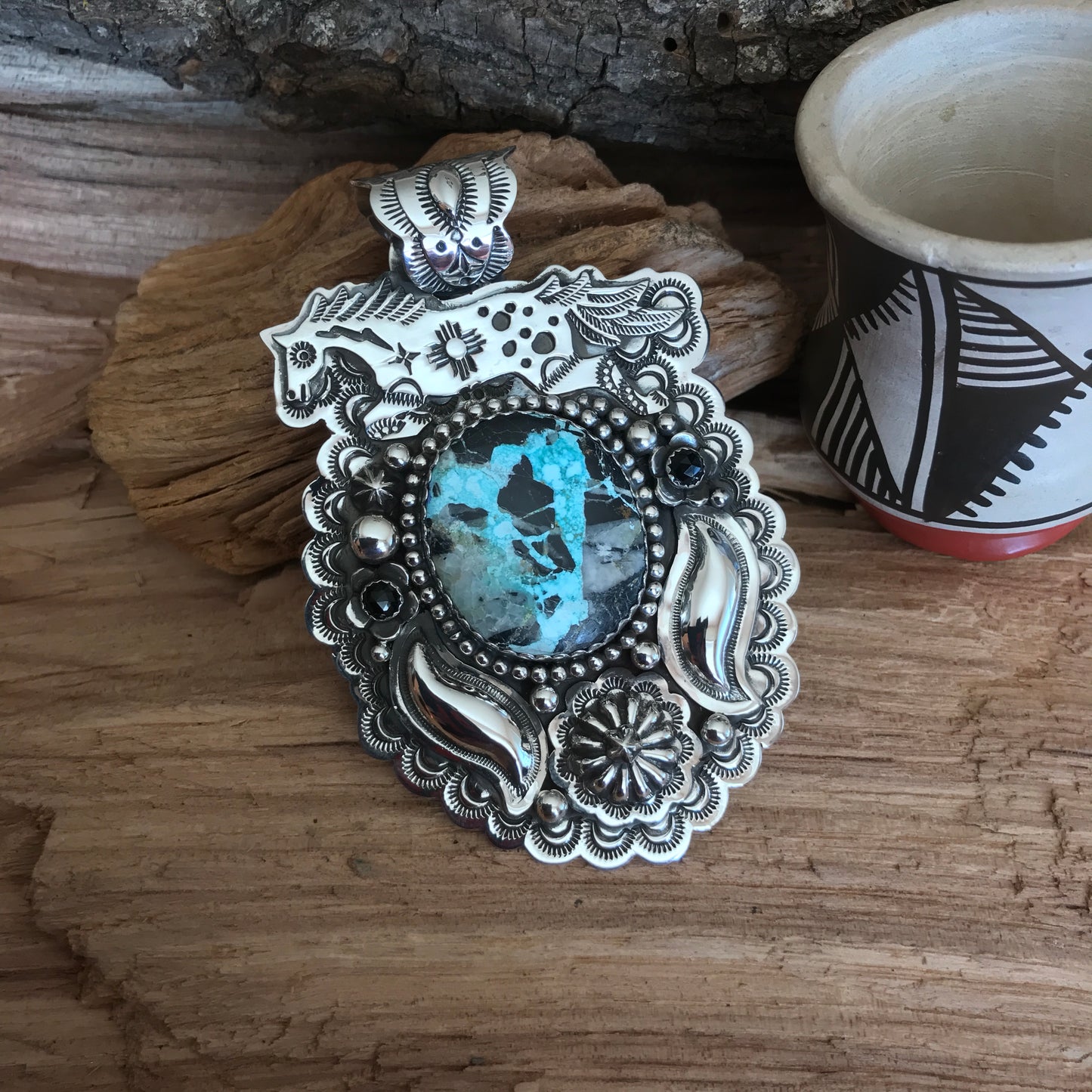 SPIRIT PONY Repousse pendant with Blue Moon Turquoise~ Sterling Silver~ Huge pendant~ Artisan Handmade