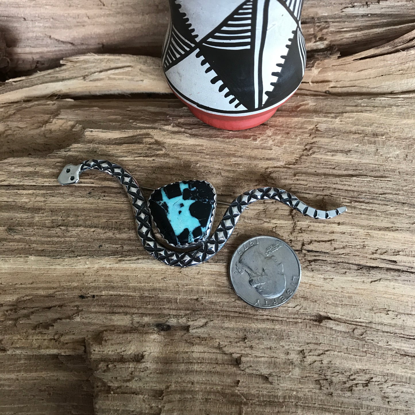 DESERT TRAVELER~ Black Buffalo Turquoise Rattlesnake Pin~ Sterling Silver~ Artisan Handmade