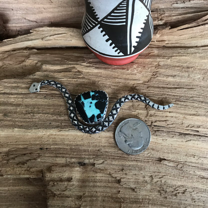 DESERT TRAVELER~ Black Buffalo Turquoise Rattlesnake Pin~ Sterling Silver~ Artisan Handmade