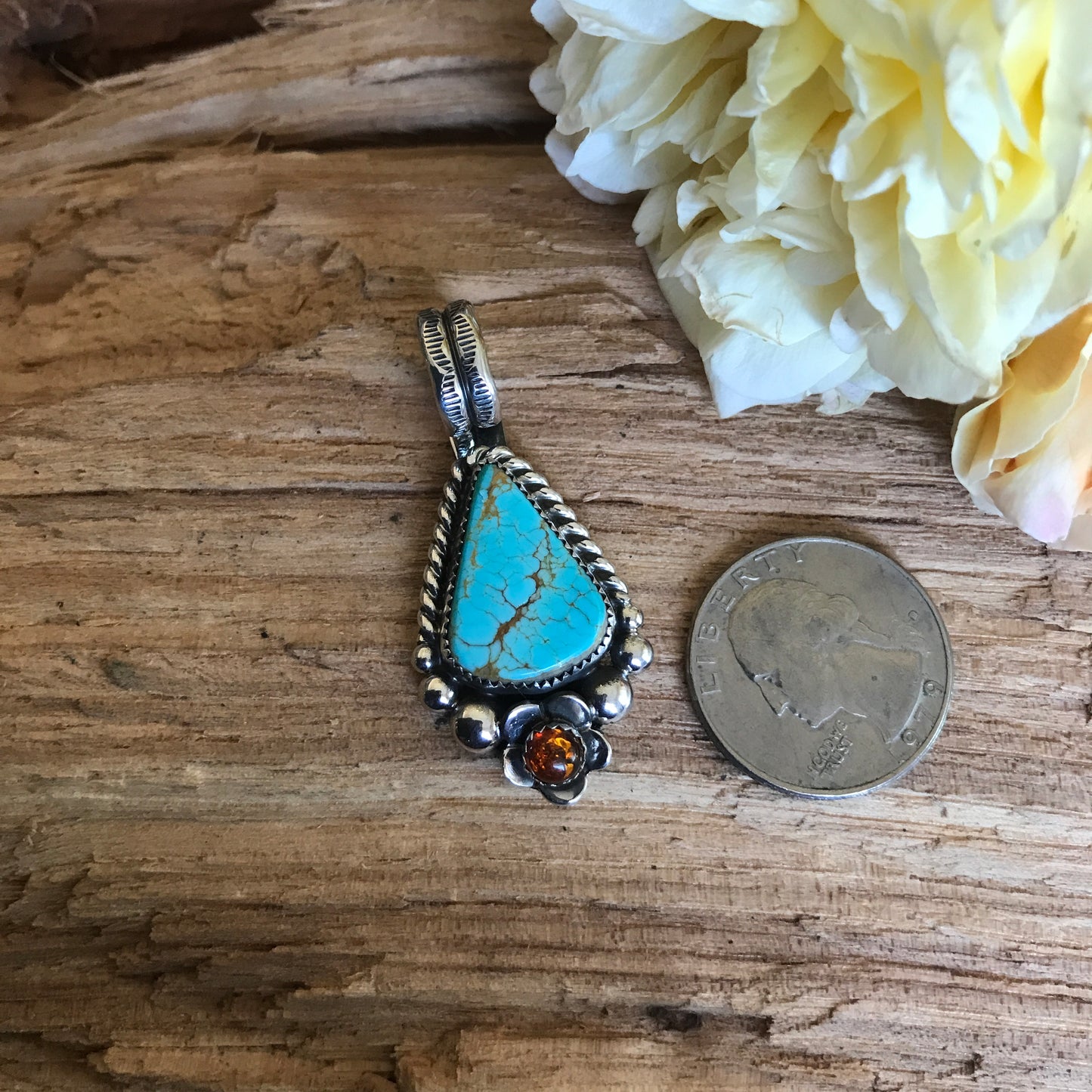 Kings Manassa Turquoise Pendant with an Amber Wildflower~ Sterling Silver~ Artisan Handmade