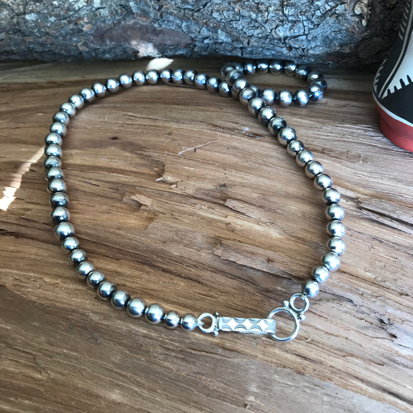 Navajo Pearls 21 inch~ Sterling Silver~ 8 mm beads~ Soldered Handmade Catches~ Strung on Squashblossom heavy braided Foxtail