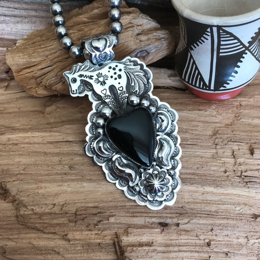 SPIRIT PONY pendant with a Black Onyx Heart~ Sterling Silver~ large pendant~ Artisan Handmade